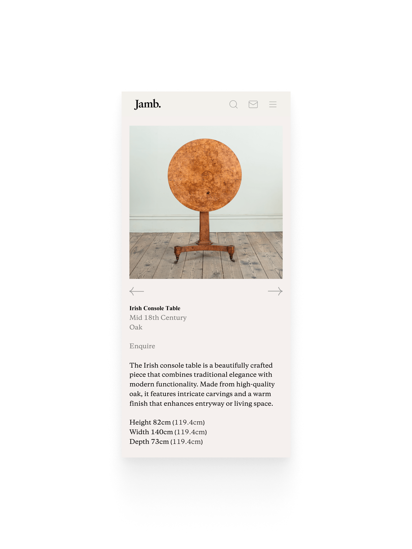 Mobile product detail for an Irish console table