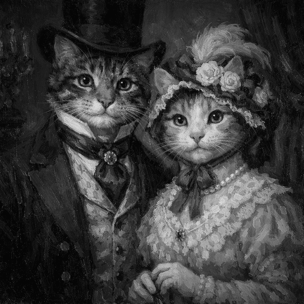 A Victorian couple of cats in Sunday best clothes posing for a portrait