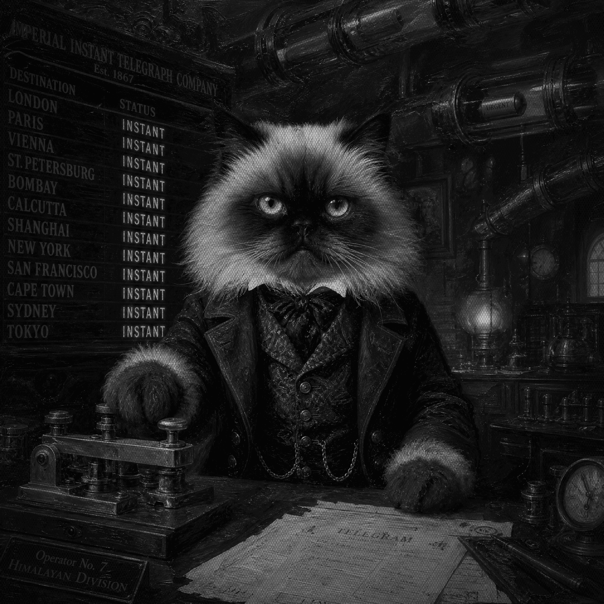A Himalayan cat as a Victorian telegraph operator, paw on a brass telegraph key beneath pneumatic message tubes and a departure board reading INSTANT