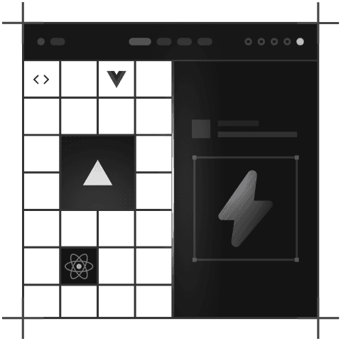 Dark interface featuring a component grid with development icons on the left, and a lightning bolt element selected on a design canvas on the right.