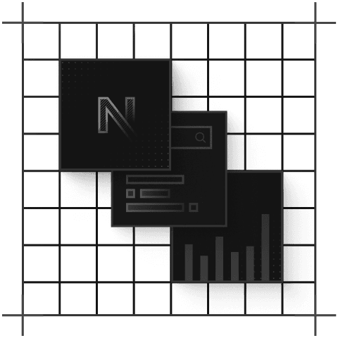 Dark digital graphic with overlapping stylized 'N', search bar, and bar chart on a grid.