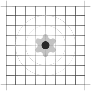 A central six-lobed shape with a dark circle, surrounded by two concentric circles, all on a grid background.