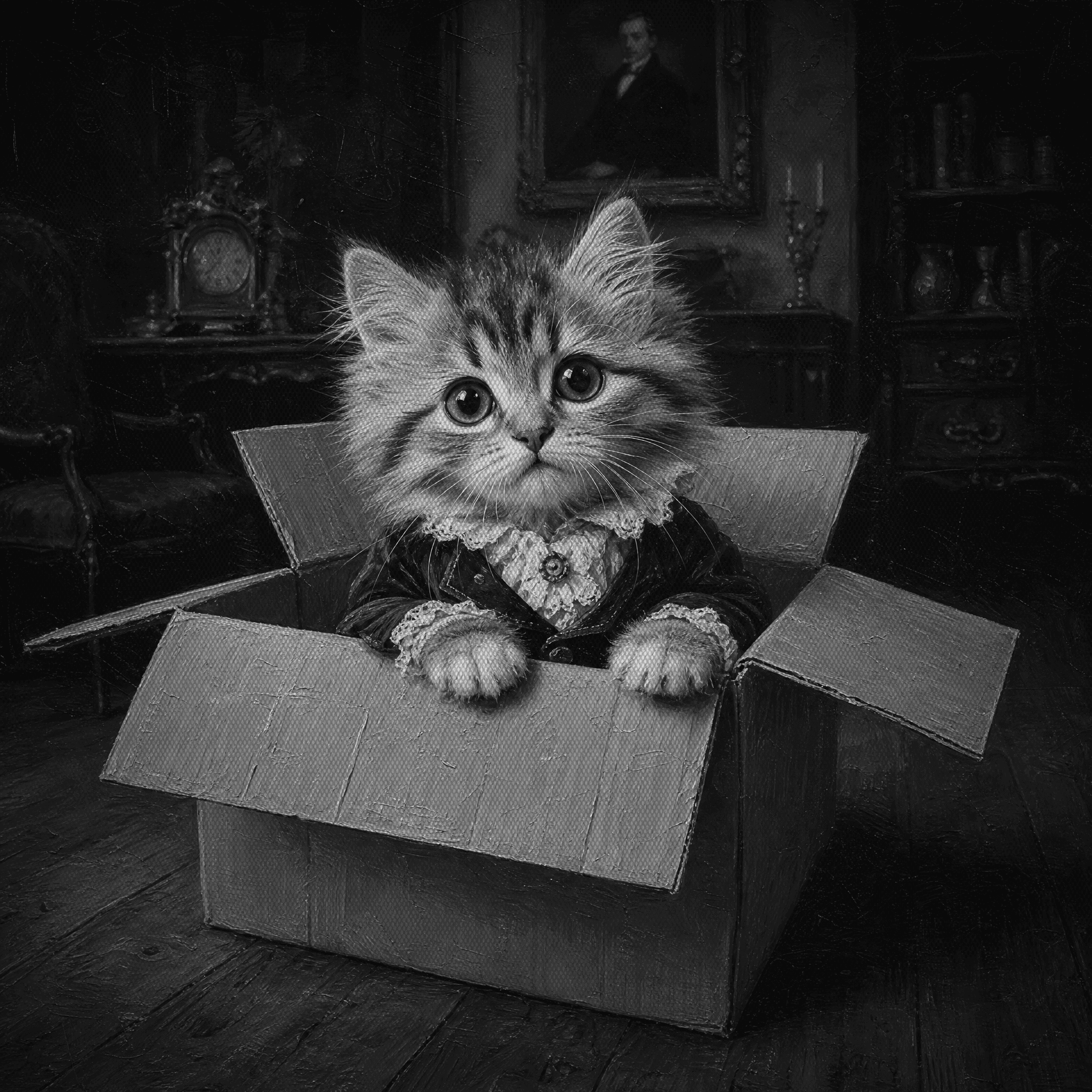 A Victorian kitten in a lace-collared velvet jacket sitting in an open cardboard box, front paws resting on the edge, in a dim Victorian parlour