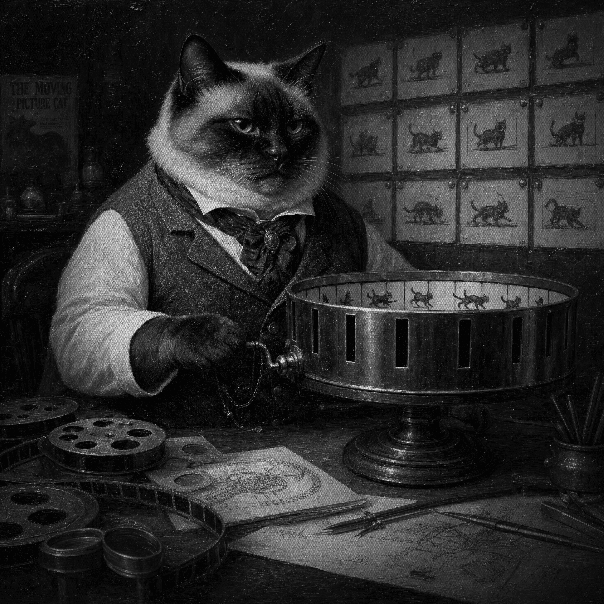A chunky Siamese cat in a tailored waistcoat cranking a brass zoetrope in a dim Victorian study, storyboard cards pinned in a neat grid behind it