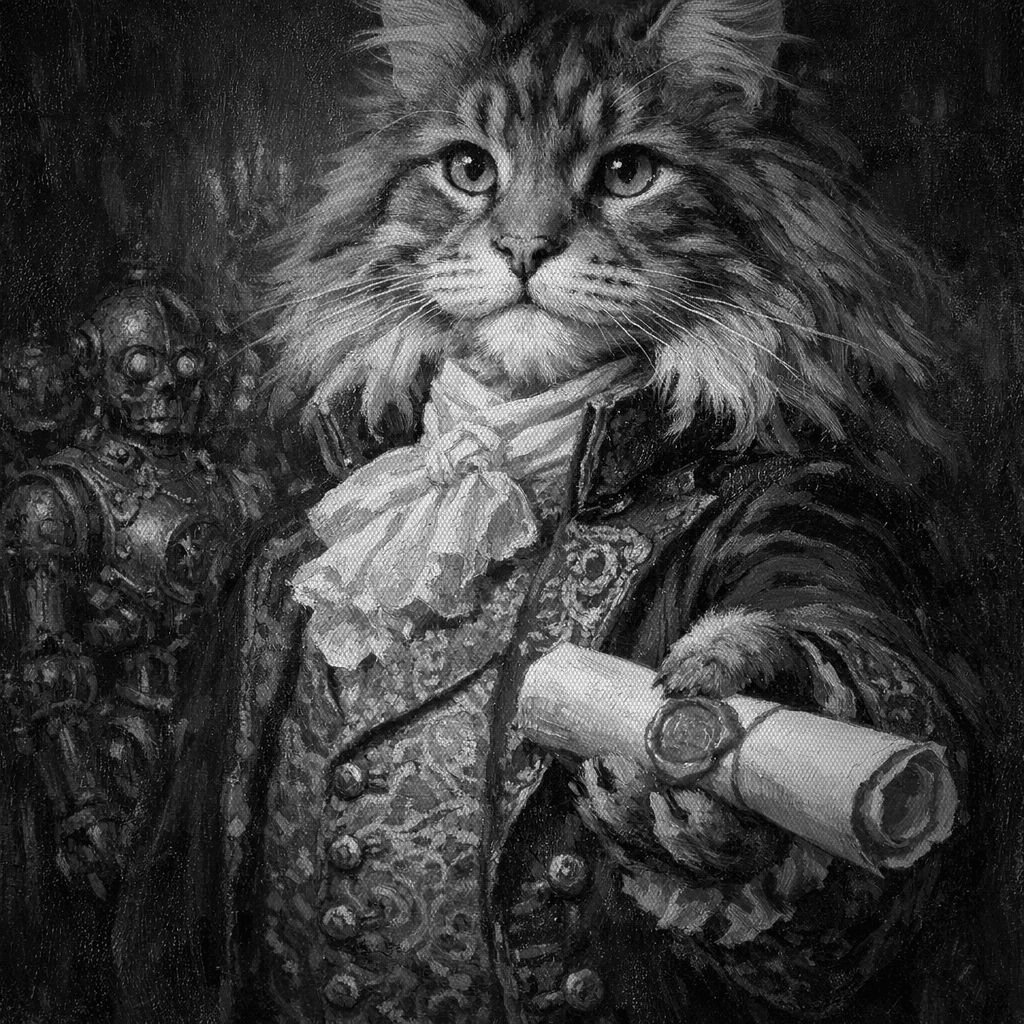 A Victorian Maine Coon cat in an ornate waistcoat handing out a wax-sealed paper scroll to brass mechanical automatons