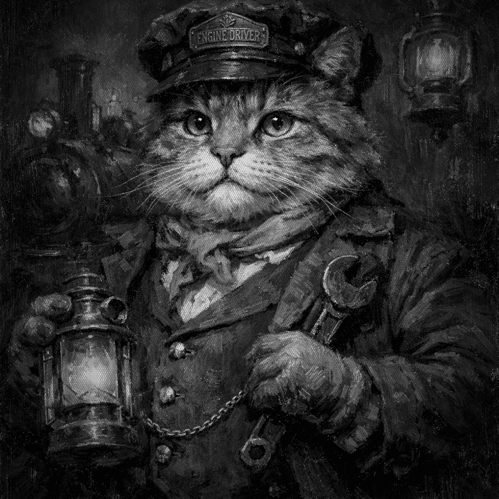 A chubby Victorian cat operating a steam train