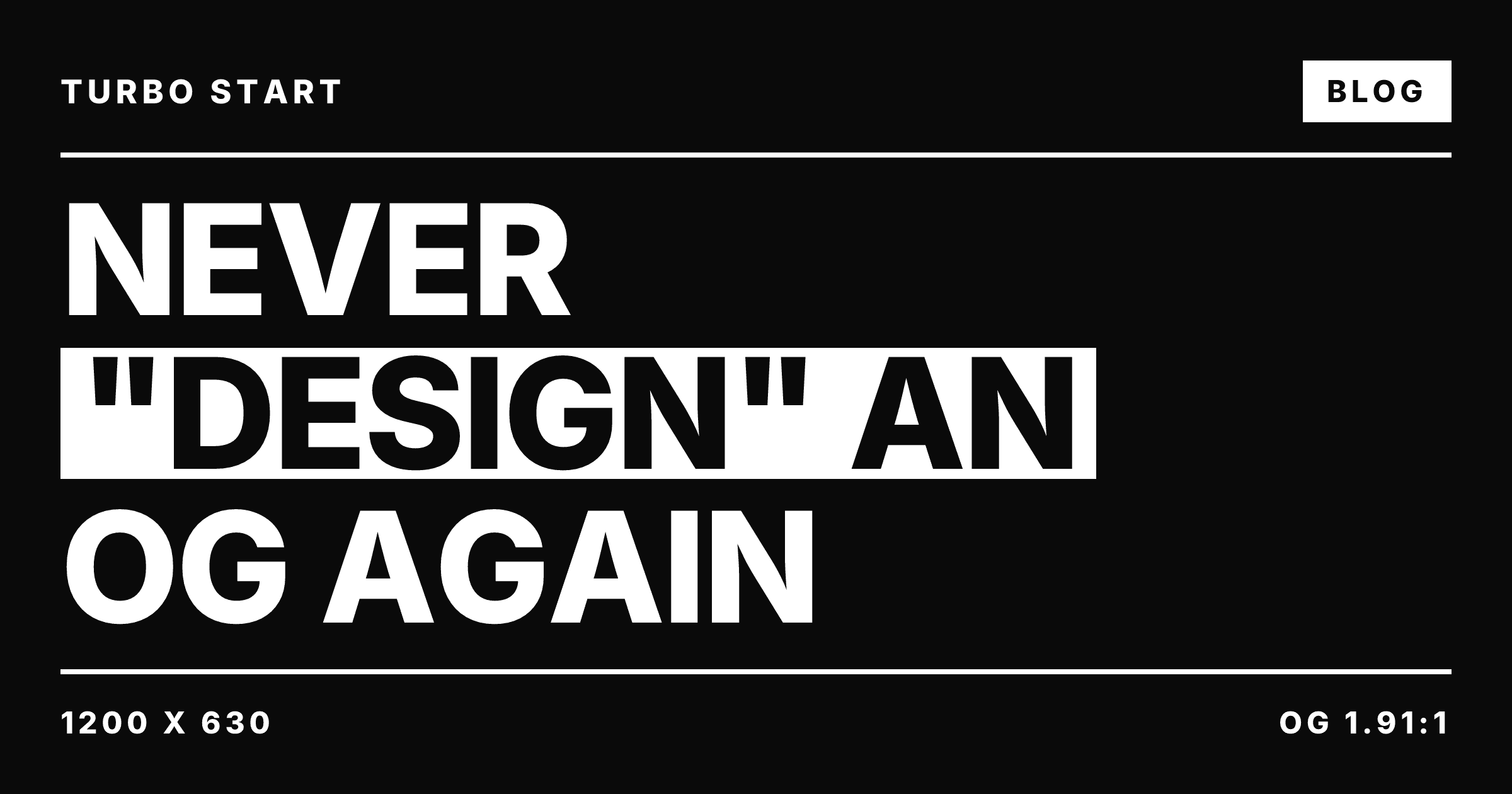 Black 1200x630 OG card with the headline "Never design an OG again" in bold white type