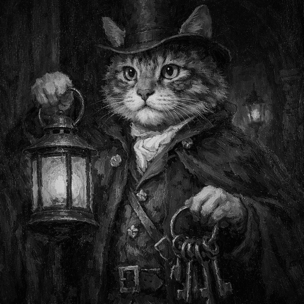 A Victorian cat night watchman holding a lantern and keys, standing guard at a dark doorway