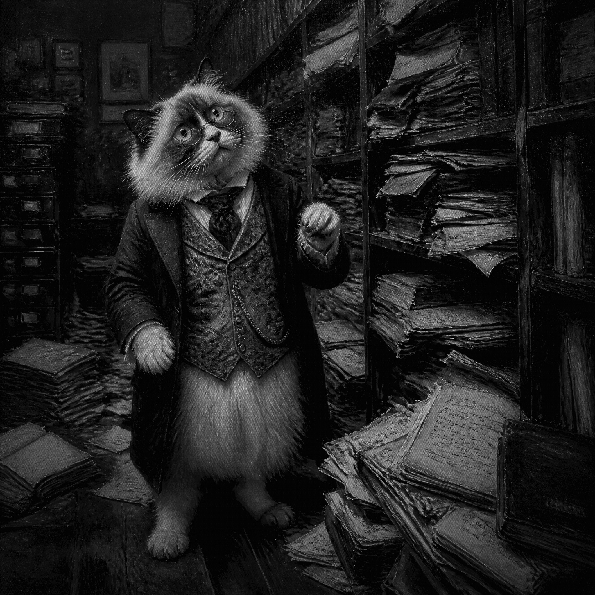 A baffled Victorian Ragdoll cat in a waistcoat and pince-nez standing in a records room, one paw raised, staring up at wooden shelves overflowing with ledgers and loose papers spilling onto the floor