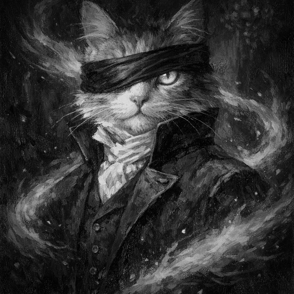 A Victorian-era cat wearing a Gojo Satoru blindfold with one glowing blue eye peeking out, surrounded by blue cursed energy flames