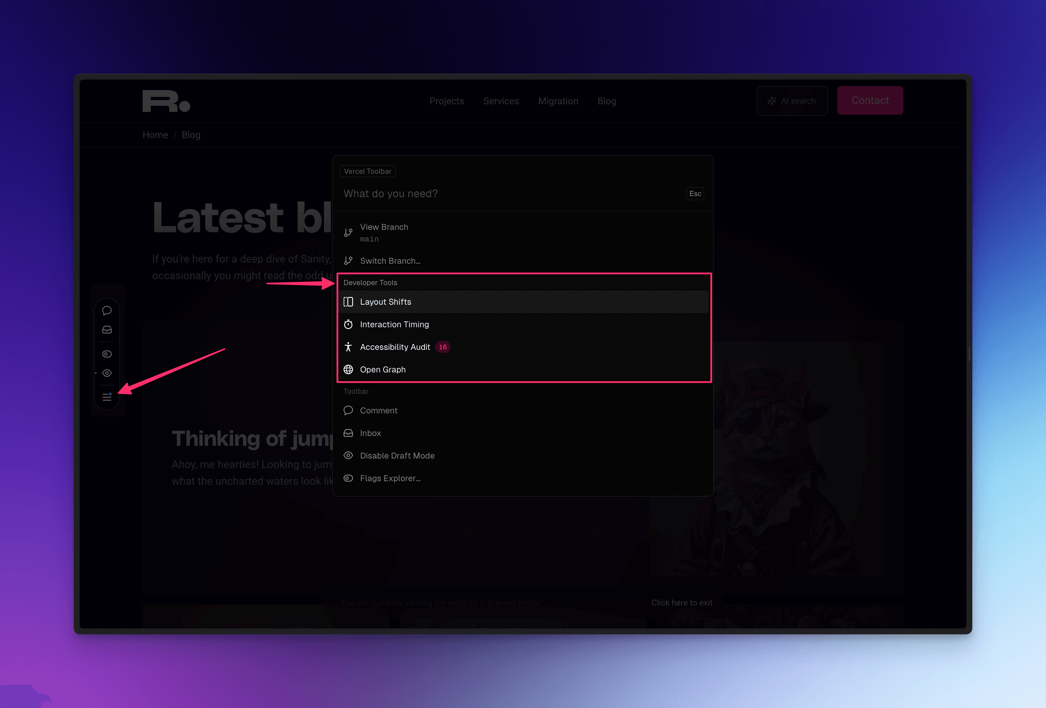 A screenshot of the Vercel toolbar, yes, it's on the left hand side, rather than the bottom, don't question it
