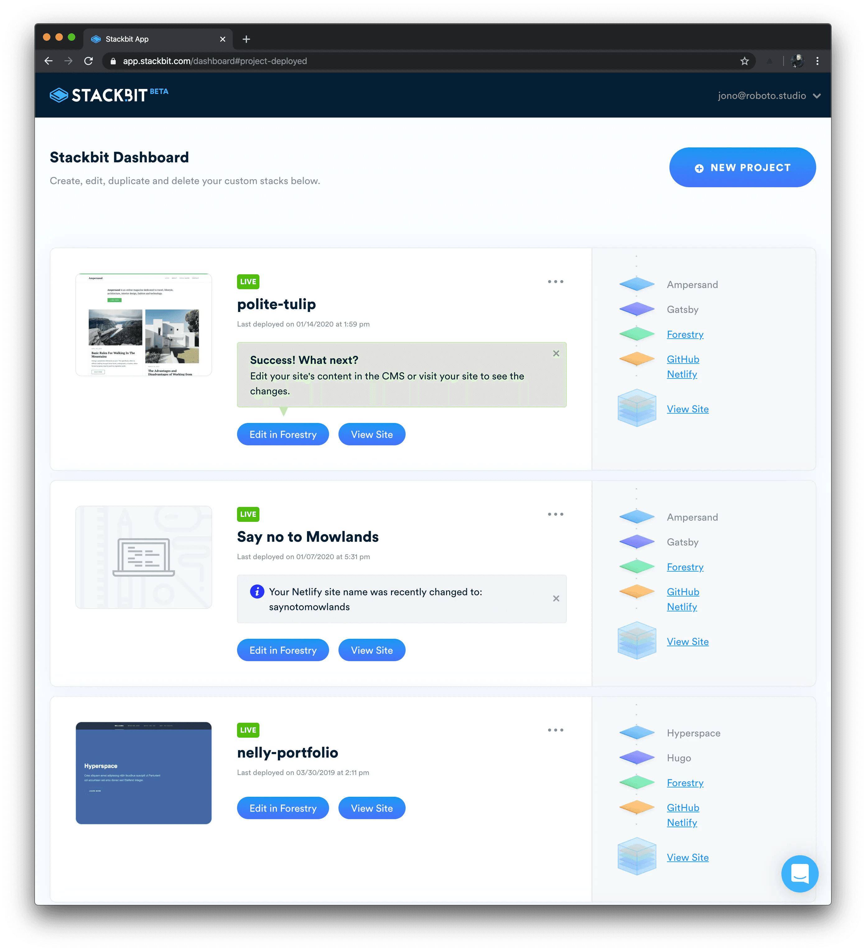 Stackbit dashboard