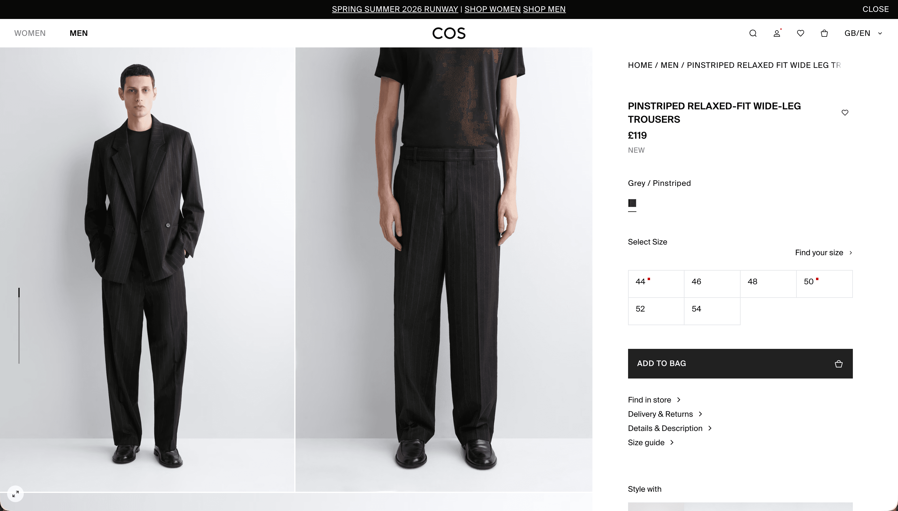 COS product detail page for pinstriped relaxed-fit wide-leg trousers showing size selector, price, and add to bag button